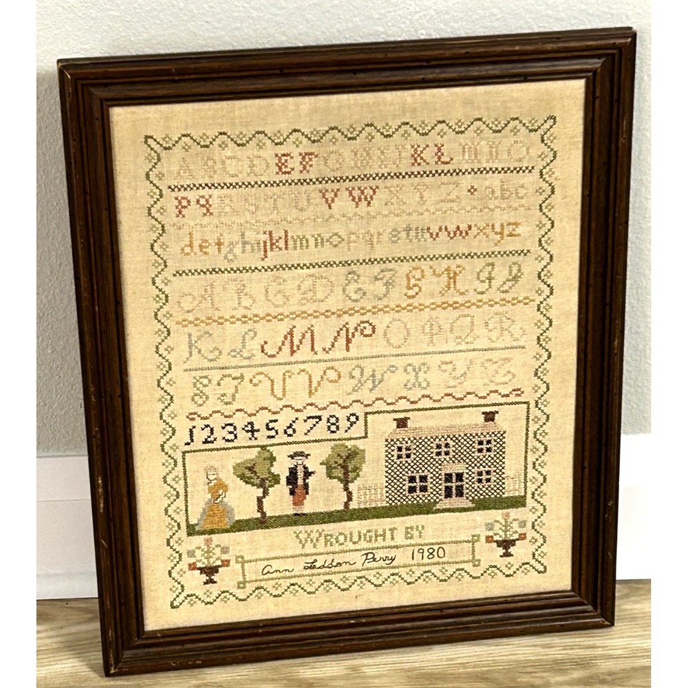 Vintage Signed Ann Perry 1980 American Sampler Large Beautiful Fine Work Framed
